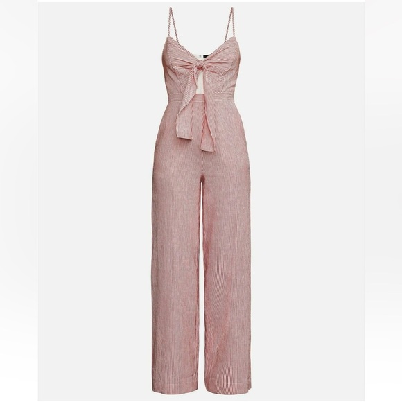 BCBGMAXAZRIA TIE-FRONT PINSTRIPED
JUMPSUIT Pantsuit Jumper Red & White SIZE 0 - Picture 3 of 15